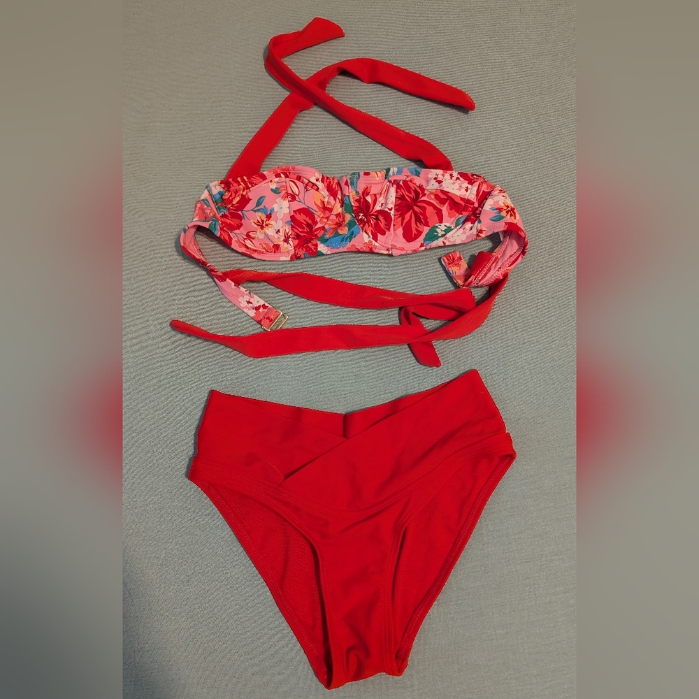 Floral and Red Bikini Set